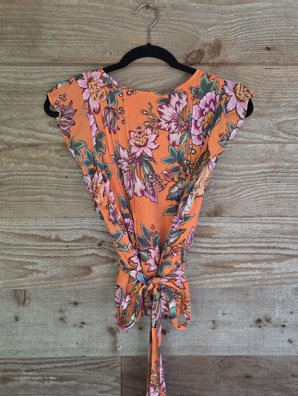 Anthropologie Farm Rio XS Orange Floral Tie-Back Cap Sleeve Blouse